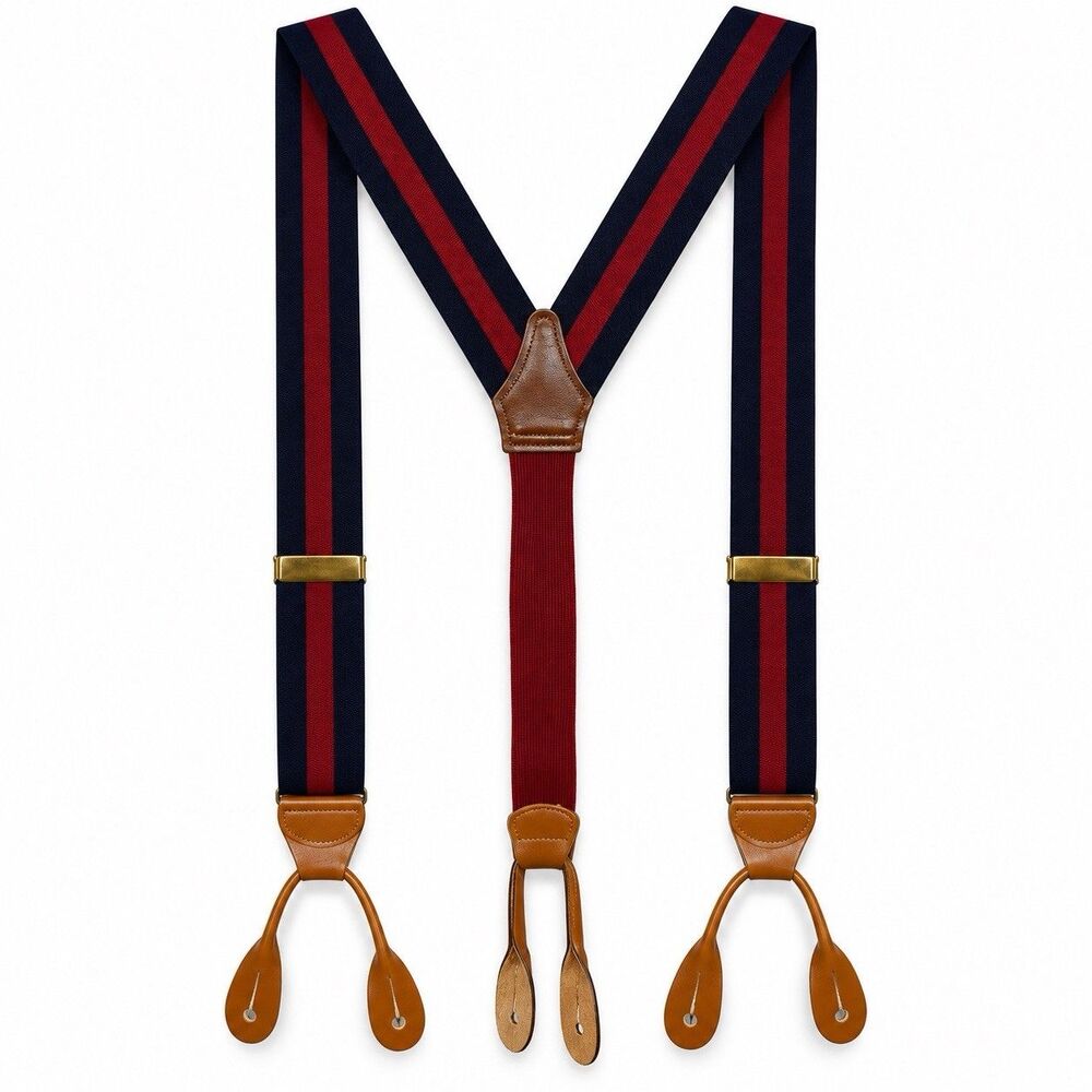 Vintage Royal New York Men’s Suspenders Navy Burgundy Stripe Leather